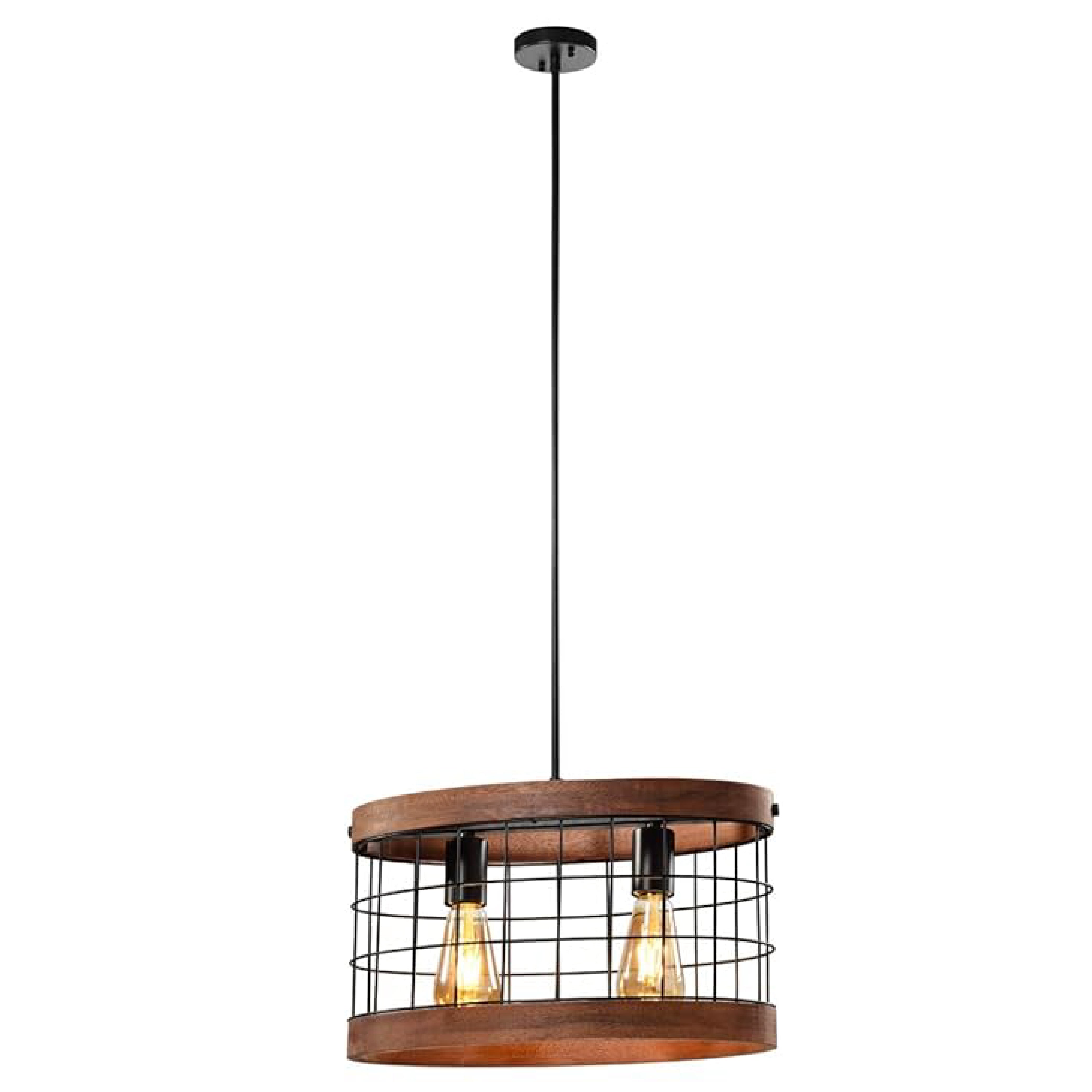 2-Light Industrial fixture light brown and black pendant lights wood and iron hanging lighting