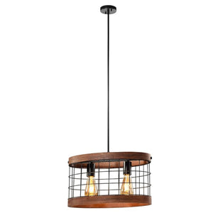 2-Light Industrial fixture light brown and black pendant lights wood and iron hanging lighting