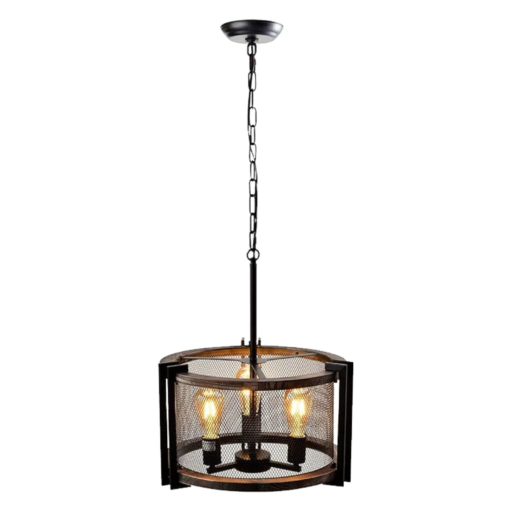 3-Light farmhouse round kitchen light black pendant light iron and wood hanging lighting