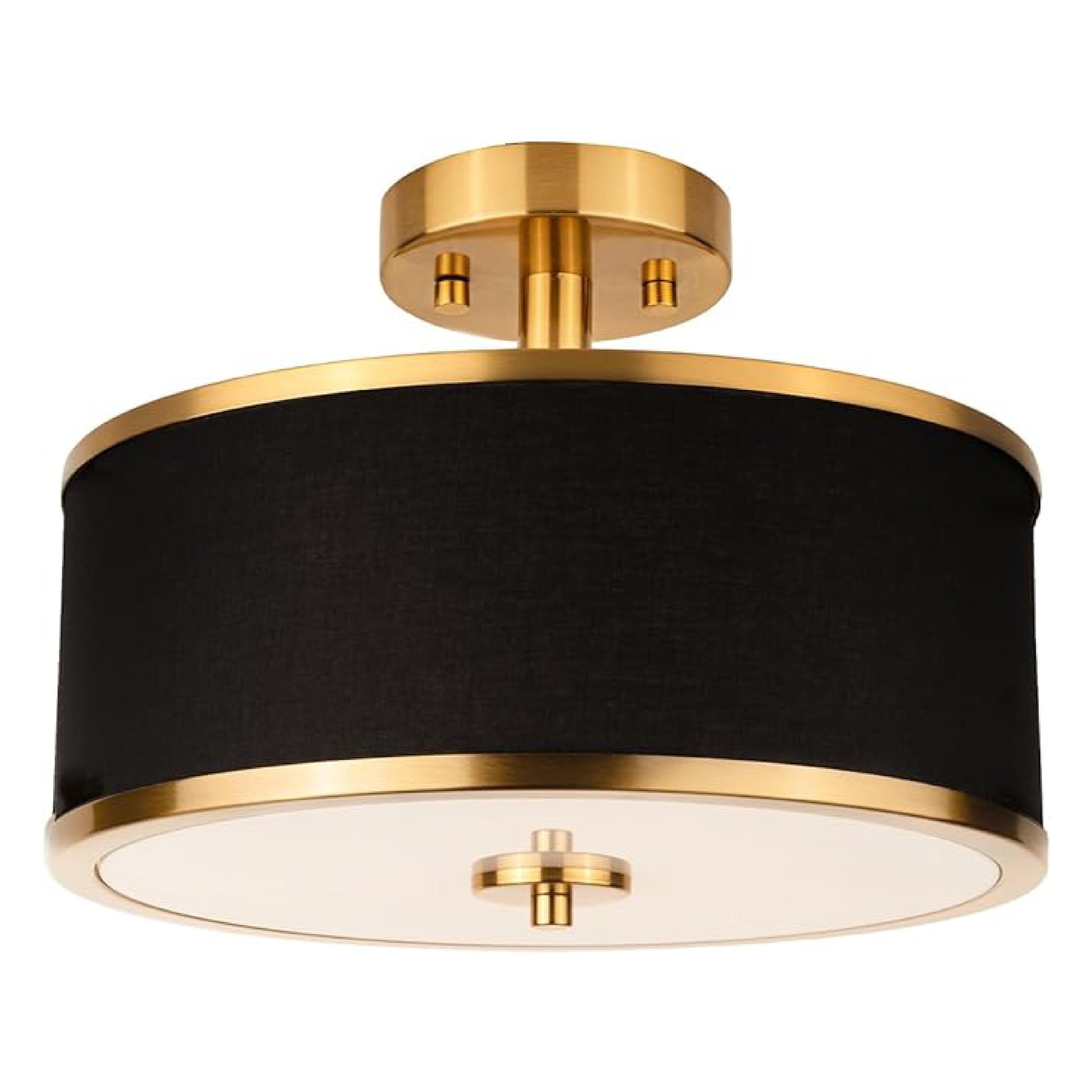 3-Light mid-century modern ceiling light gold and black flush mount  light glass, brass and fabric light fixture