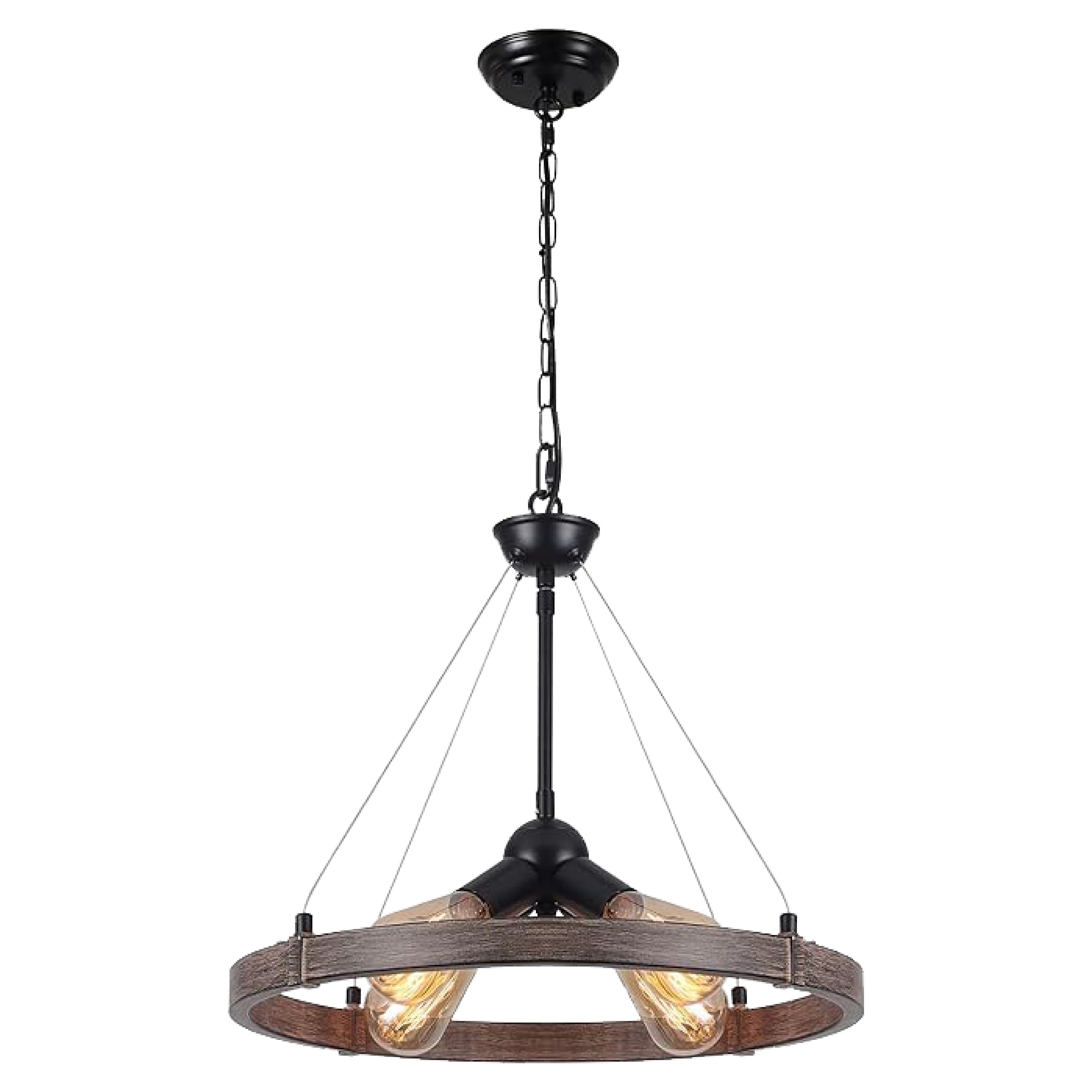 4 lights round chandelier light Black wagon wheel lights rustic dining room fixture with wood grain finish