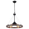 4 lights round chandelier light Black wagon wheel lights rustic dining room fixture with wood grain finish