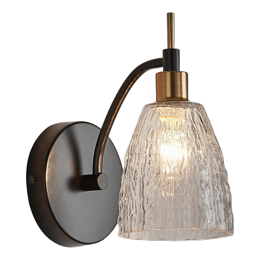 1-light industrial vanity light bathroom black, gold and clear wall light iron and glass light fixture