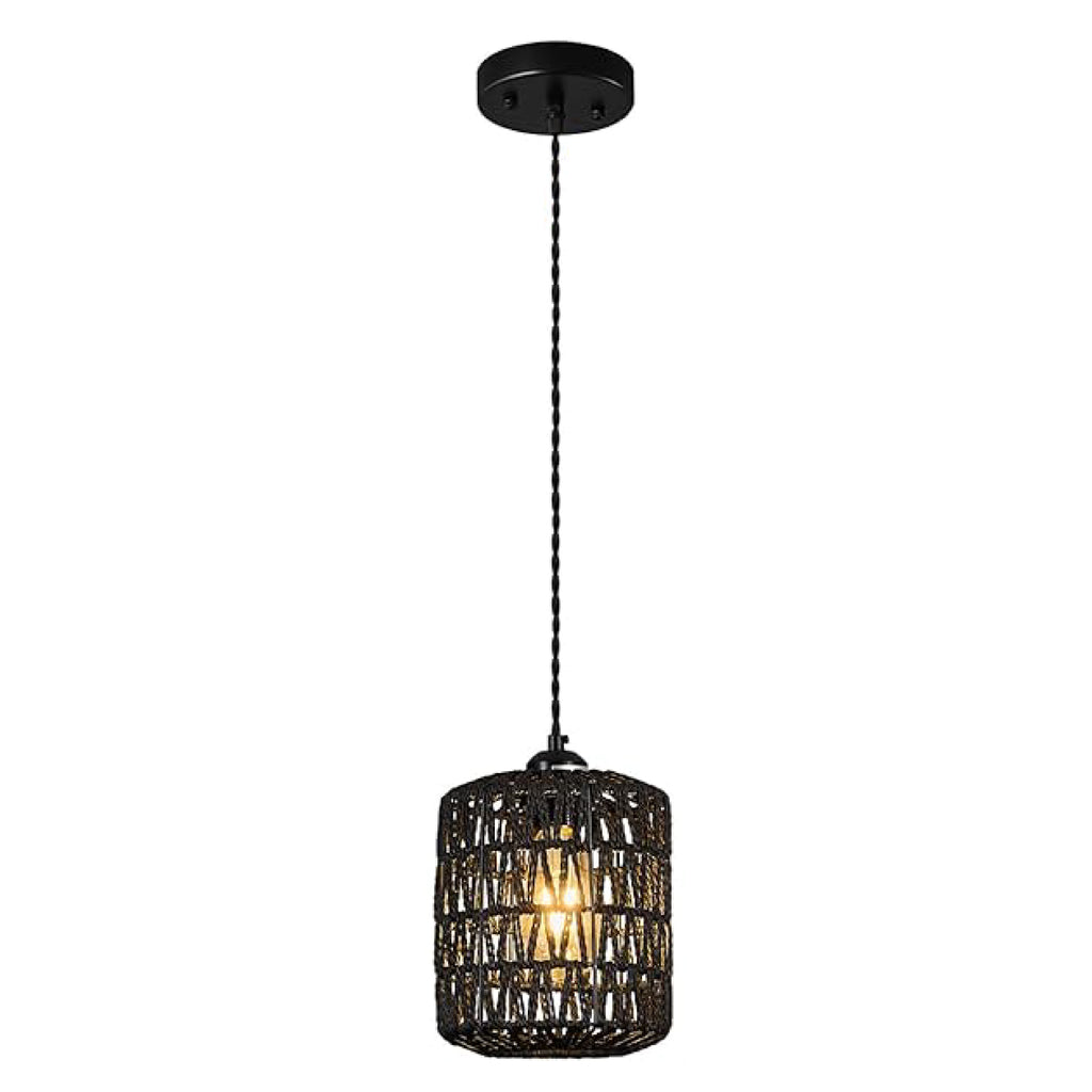 3 Pack farmhouse pendant lights black hanging lights rattan and ‎handmade natural fibers island lights