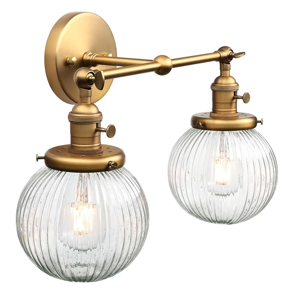 2 Lights industrial sconce light gold and clear wall light brass and glass fixture light