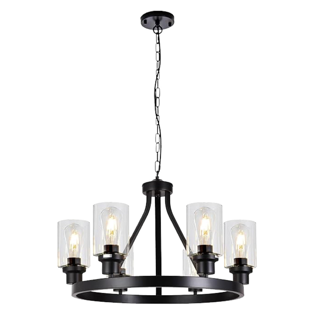 6-Light Farmhouse chandelier light Black wagon wheel hanging lighting glass island pendant light