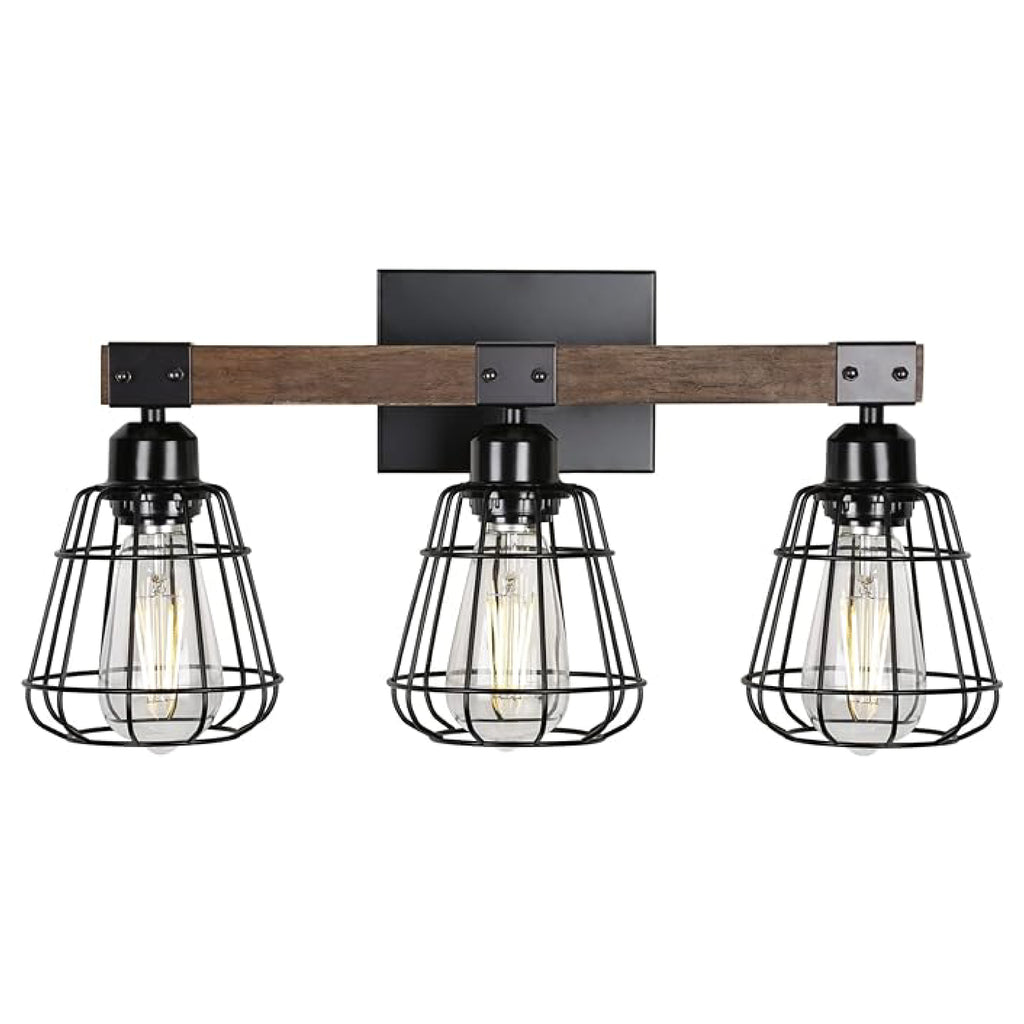 3-Light farmhouse vanity light black and walnut bathroom lighting iron and wood wall light