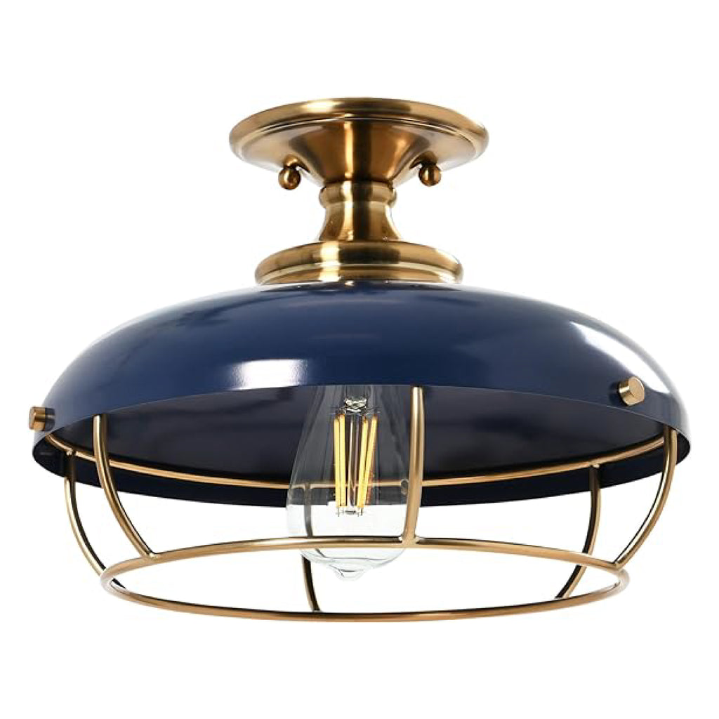 Industrial caged ceiling light fixture gold and navy blue flush mount light brass and glass kitchen light