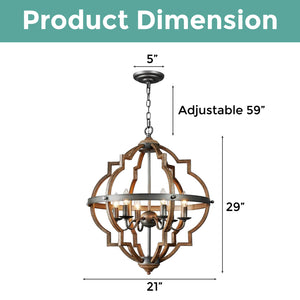 6-Lights globe chandelier lights Oak retro hanging light fixture vintage cage pendant light fixture