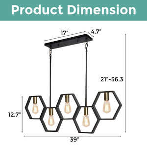 5-Light Rectangular fixture lighting Black dining room light adjustable industrial island light