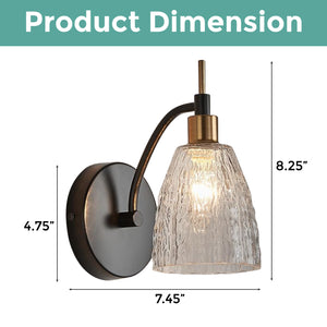 1-light industrial vanity light bathroom black, gold and clear wall light iron and glass light fixture