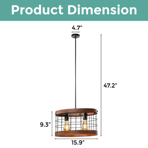 2-Light Industrial fixture light brown and black pendant lights wood and iron hanging lighting