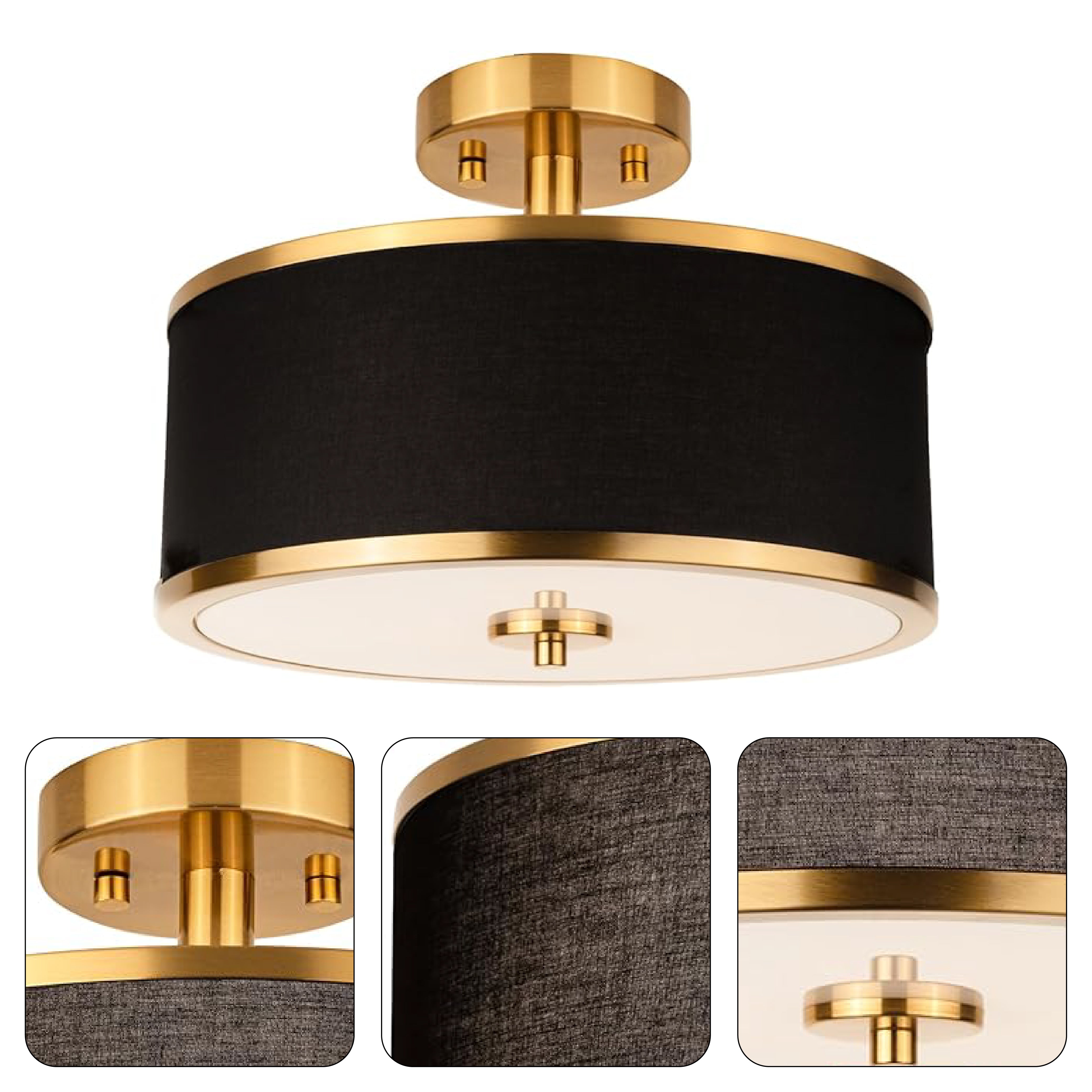 3-Light mid-century modern ceiling light gold and black flush mount  light glass, brass and fabric light fixture