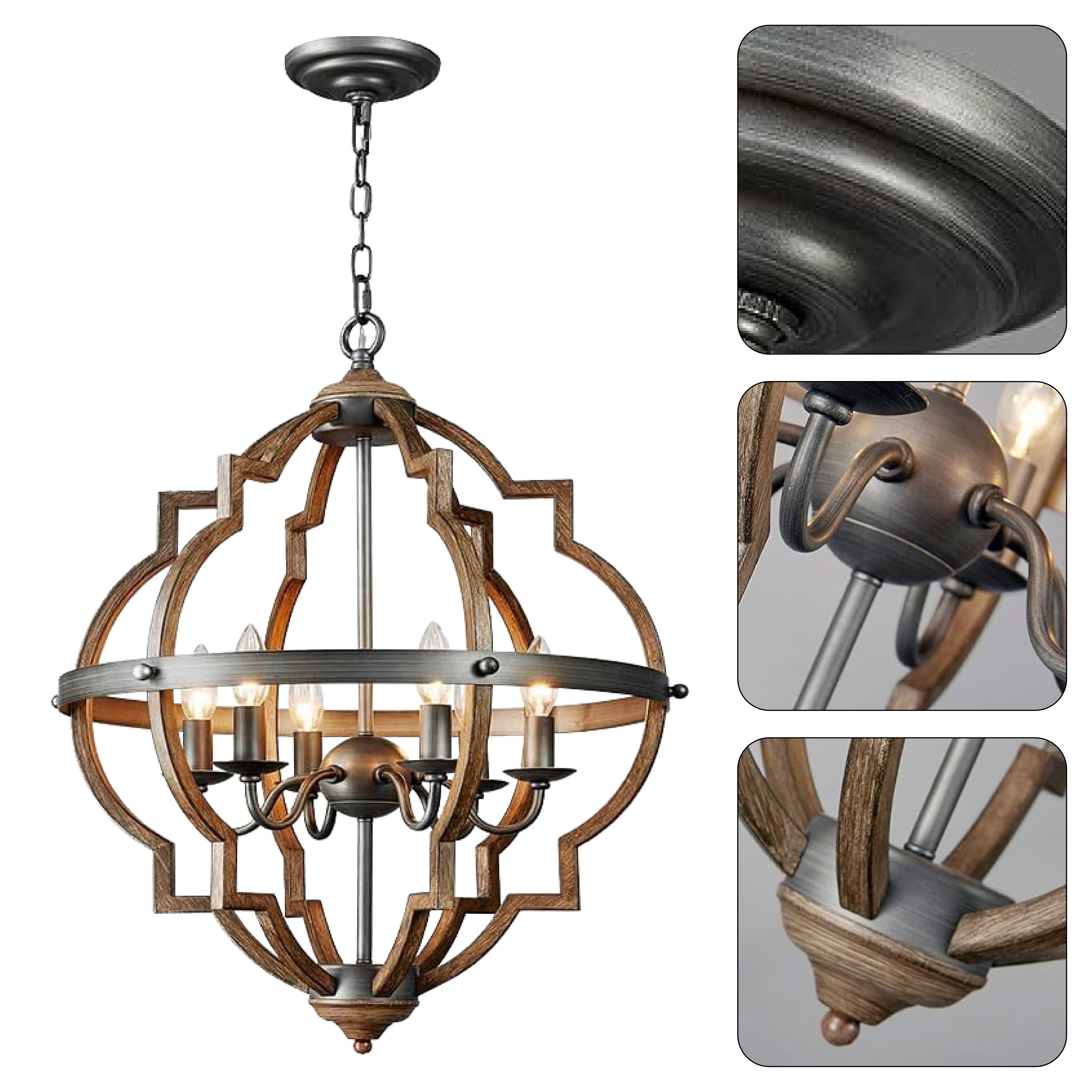 6-Lights globe chandelier lights Oak retro hanging light fixture vintage cage pendant light fixture