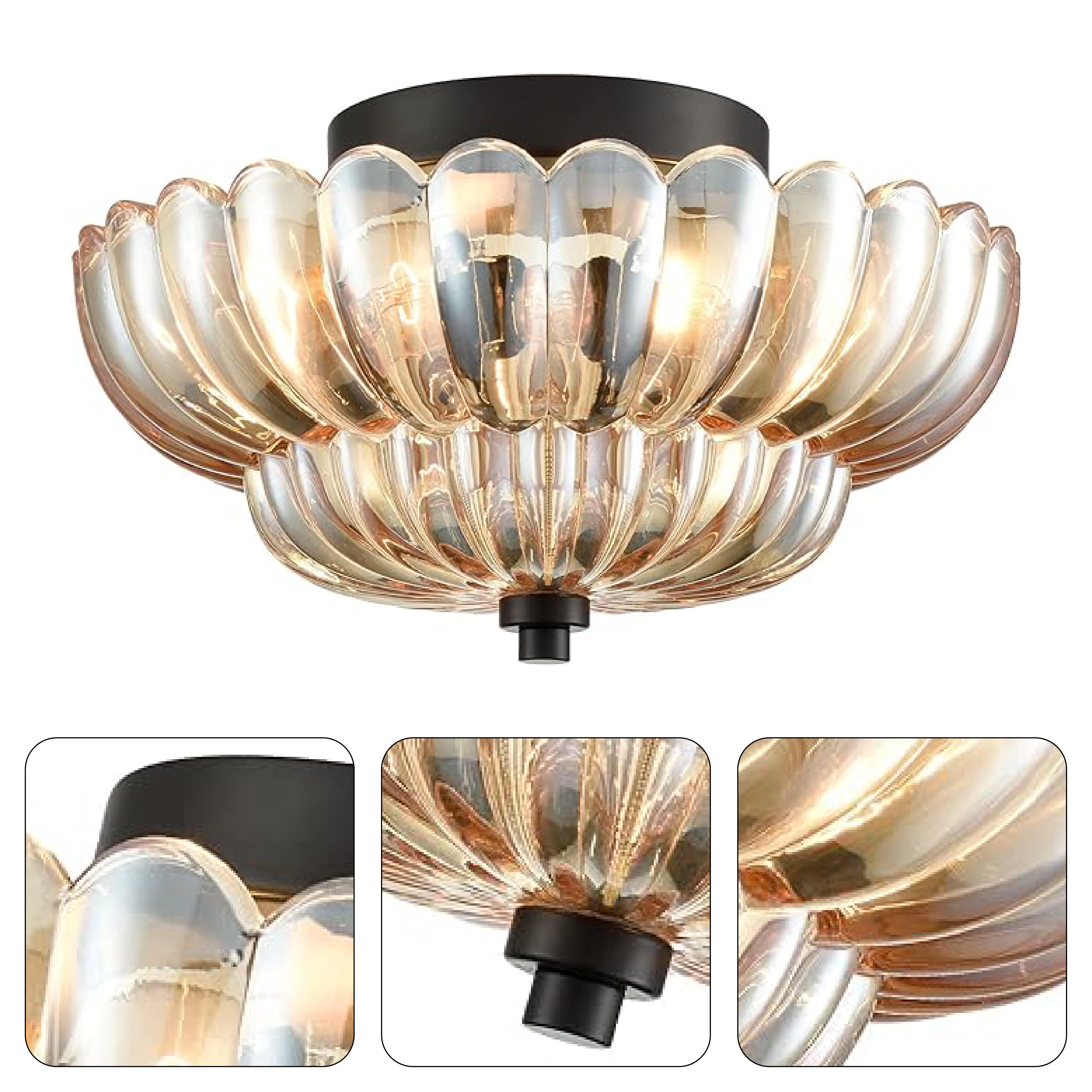 3-Light contemporary fixtures light black semi ceiling lights metal and amber glass kitchen light