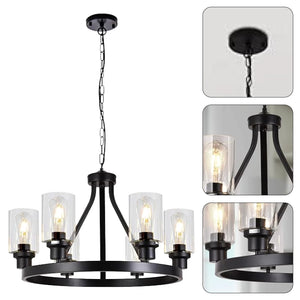 6-Light Farmhouse chandelier light Black wagon wheel hanging lighting glass island pendant light