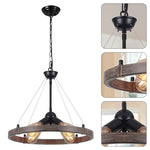 4 lights round chandelier light Black wagon wheel lights rustic dining room fixture with wood grain finish