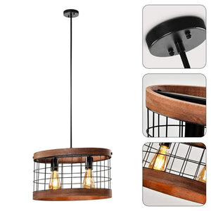 2-Light Industrial fixture light brown and black pendant lights wood and iron hanging lighting