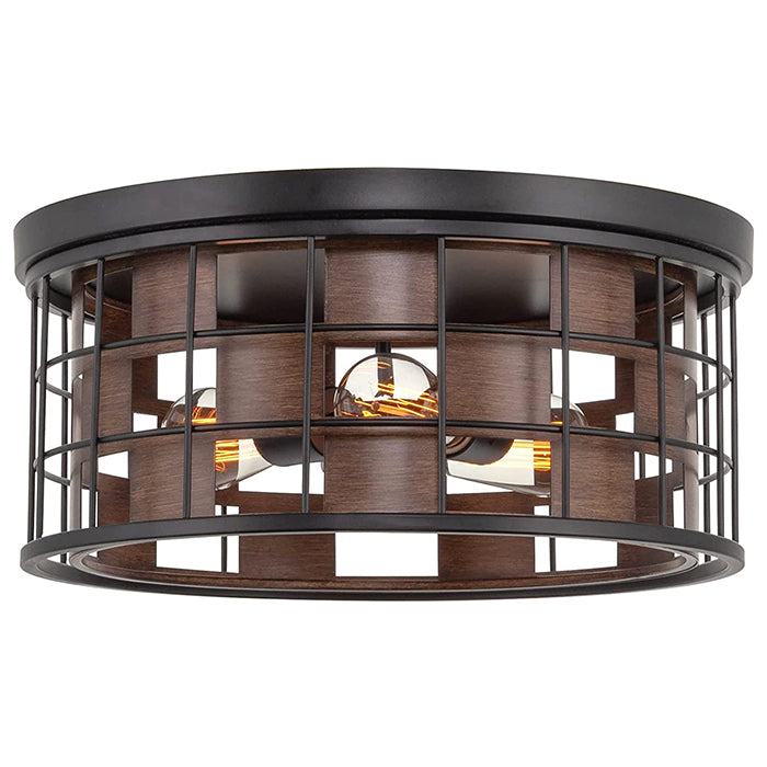 3 light vintage home flush mount fixture black frame ceiling light with wood style finish