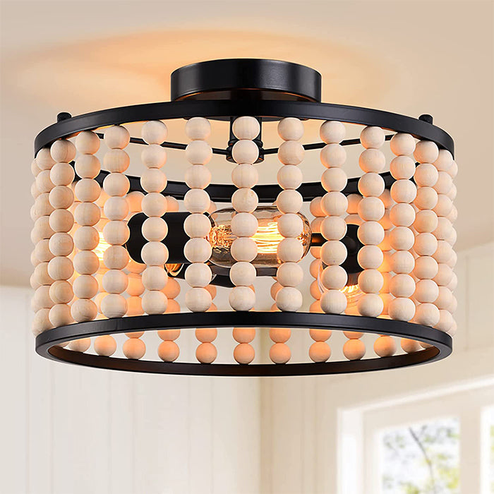 3 light wood beads ceiling light fixture farmhouse boho black ceiling lamp