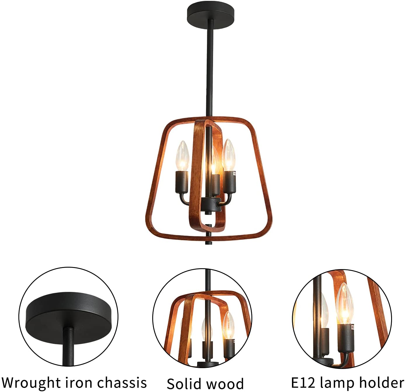 3 light wood chandelier rustic semi flush mount ceiling pendant light