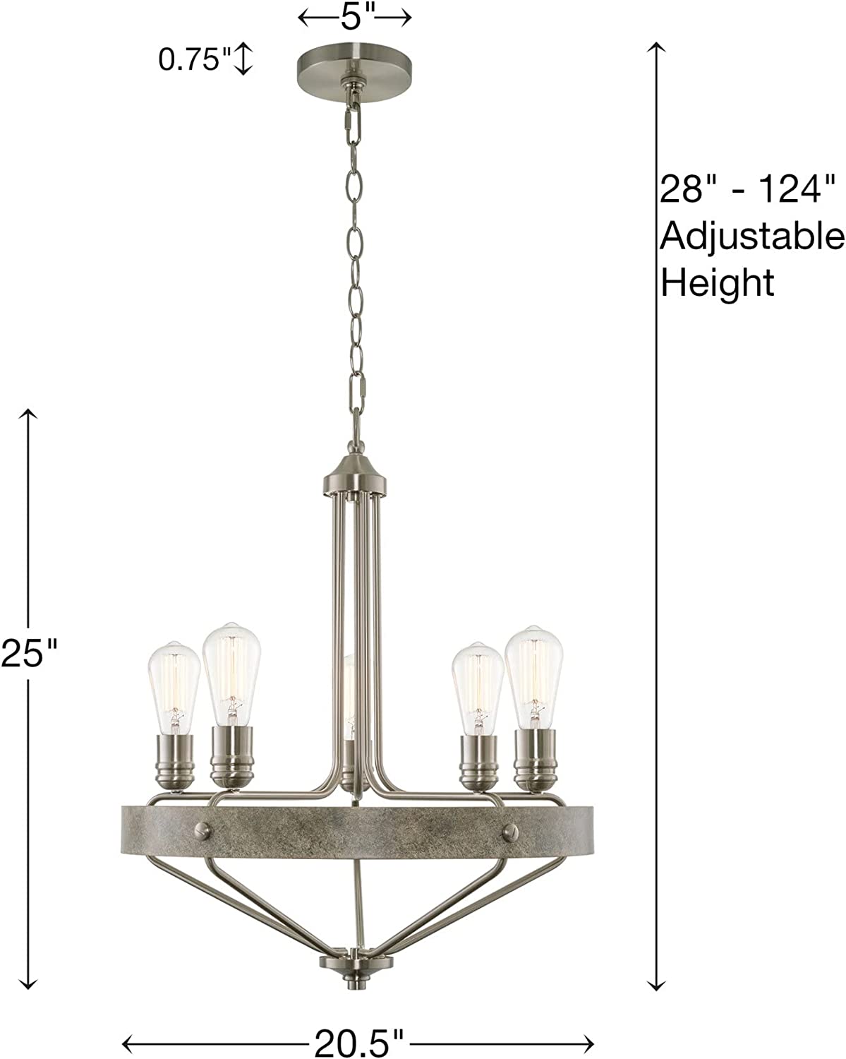 5 light farmhouse chandelier industrial nickel hanging pendant