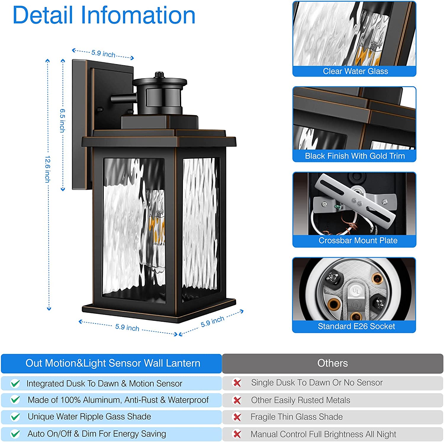 Motion sensor detective outdoor wall lights antique aluminum dusk to dawn exterior wall lighting fixture