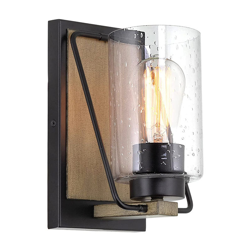 Industrial rust wall sconce black cylinder wood wall lamp with seeded glass